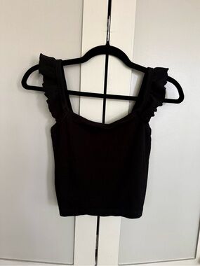 Black Ruffle Strap Women's Cropped Tank Top - Small
